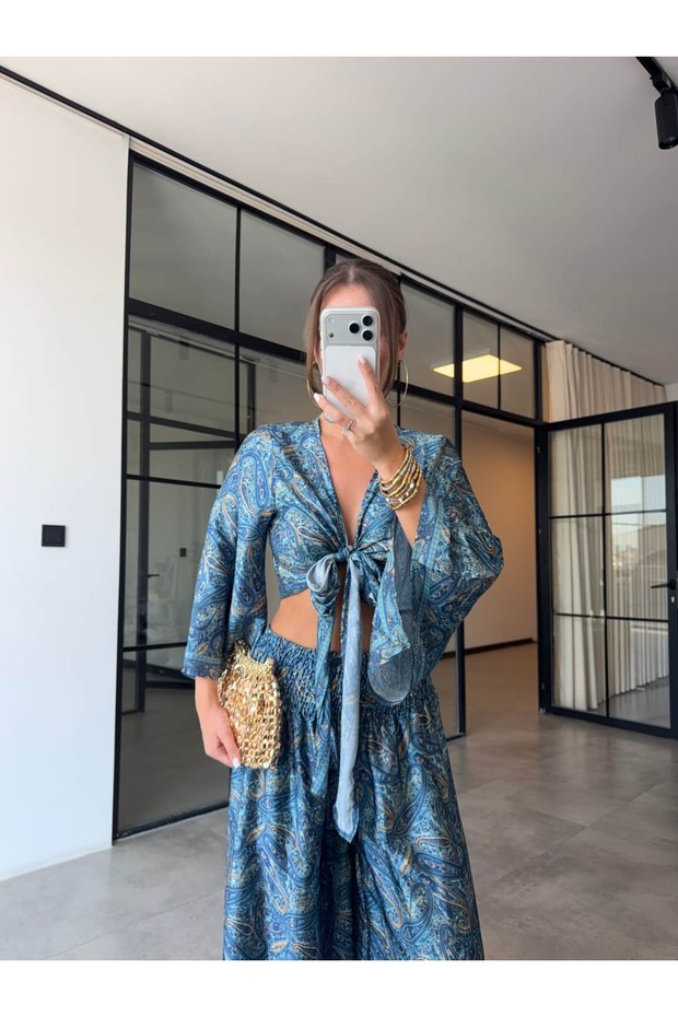 طقم بنطلون كيمونو منقوش