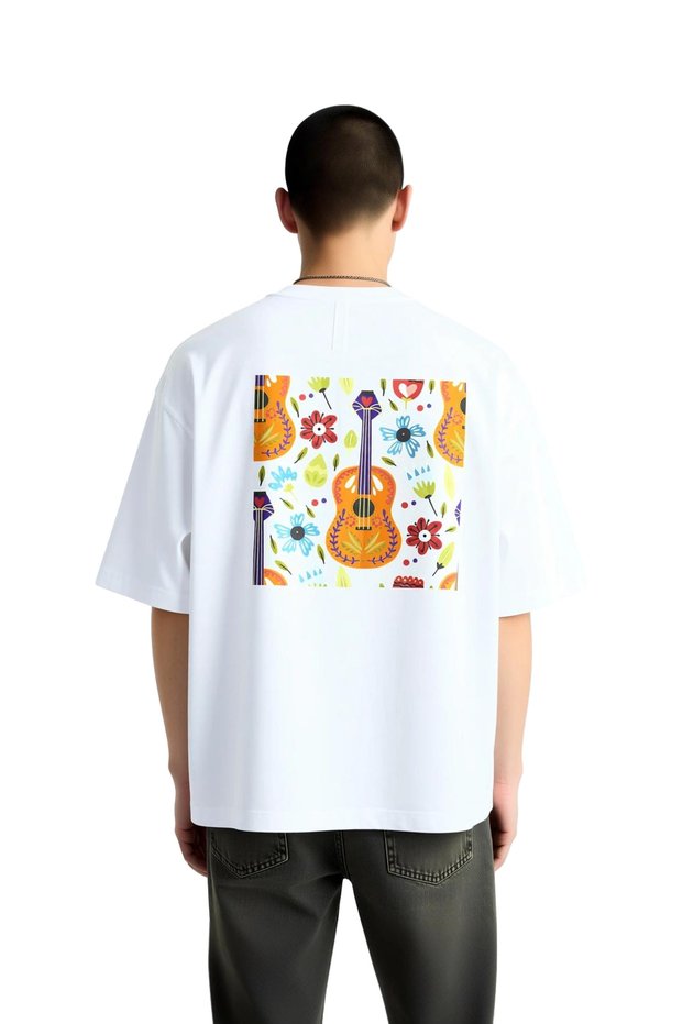 Men's Oversize T-Shirt Music Themed Guitar Flower Pattern Printed Relaxed Fit Casual Wear Modern Stylish
