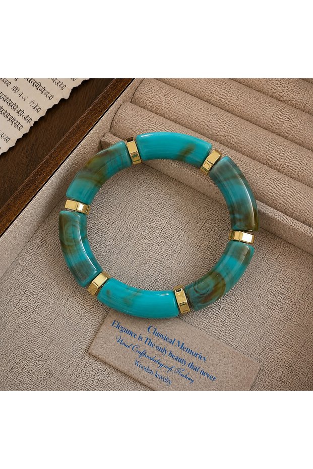 Turquoise Bone Marble Patterned Gold Spacer Bohemian Vintage Thick Elastic Women's Bracelet Zarax Model