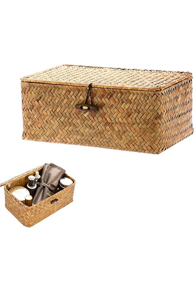 Rectangular woven storage basket with lid, 25cm long, brown.