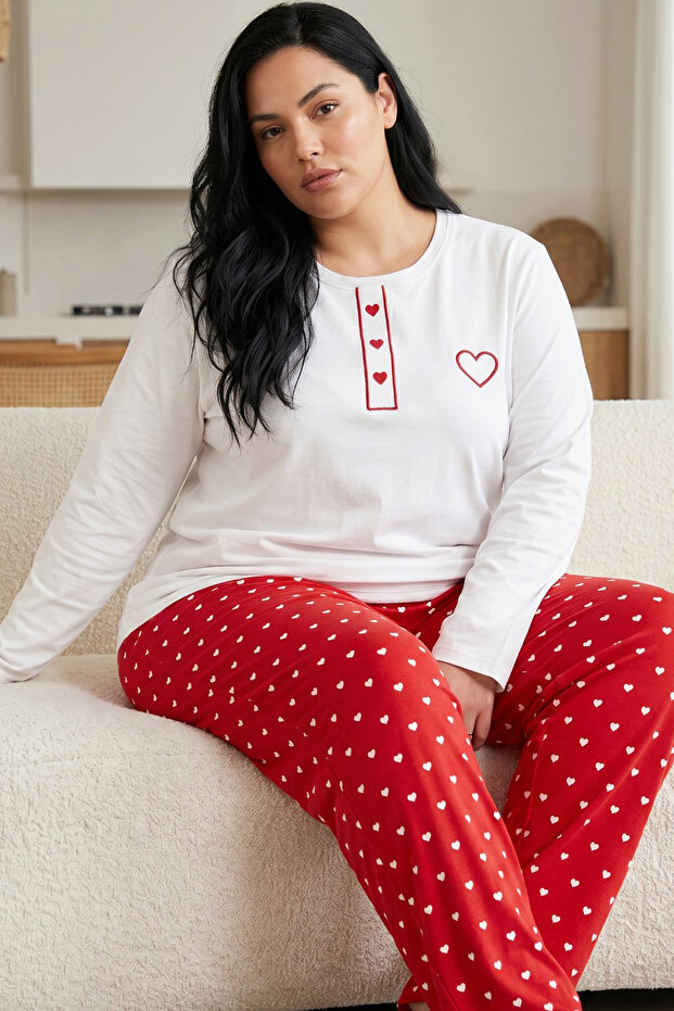 White Patterned Embroidered Cotton Lycra Large Size Oversized Knitted Pajama Set26240872