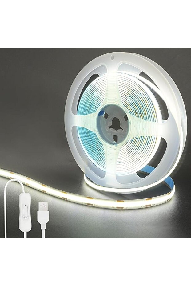 شريط إضاءة LED COB بمنفذ USB 5 فولت مع مفتاح تشغيل، 6.56 قدم/2 متر، أبيض دافئ 3000 كلفن، 320 مصباح LED/متر، عرض 8 مم، غير مقاوم للماء