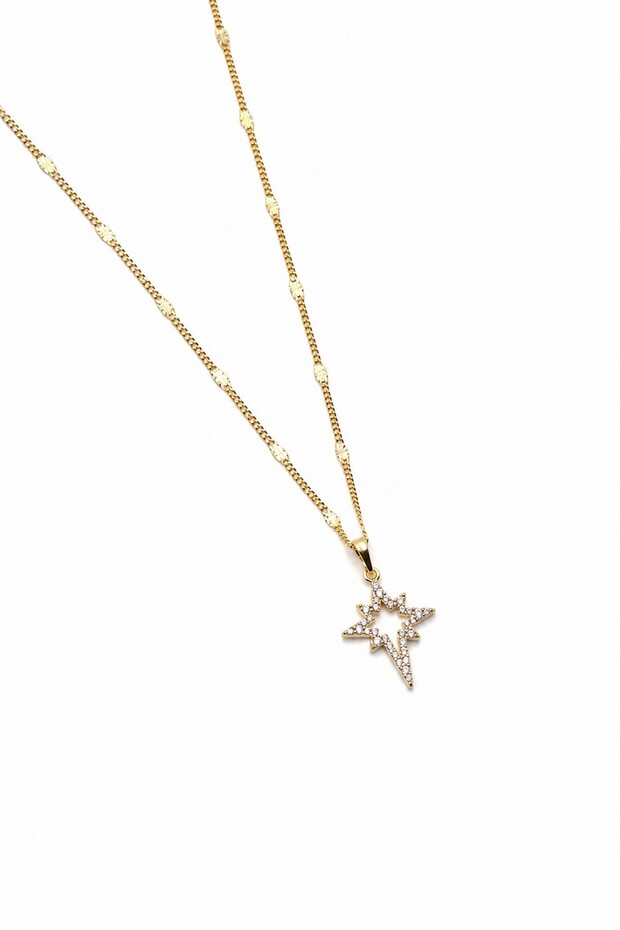 Iconic Star Zircon Brass Necklace with Special Texture Chain - Gold