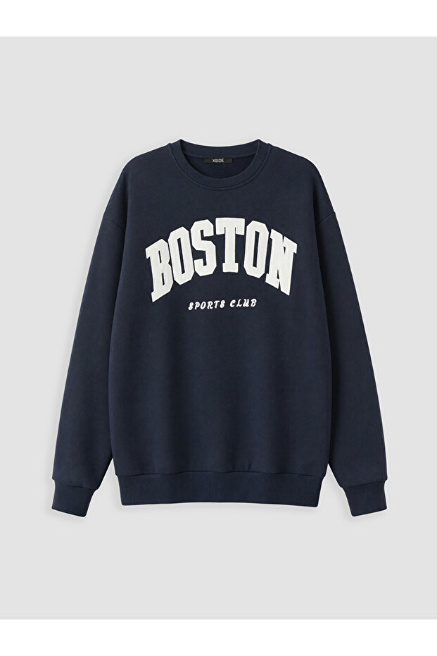 Navy Blue Boston Embroidered Oversize Women's Sweatshirt