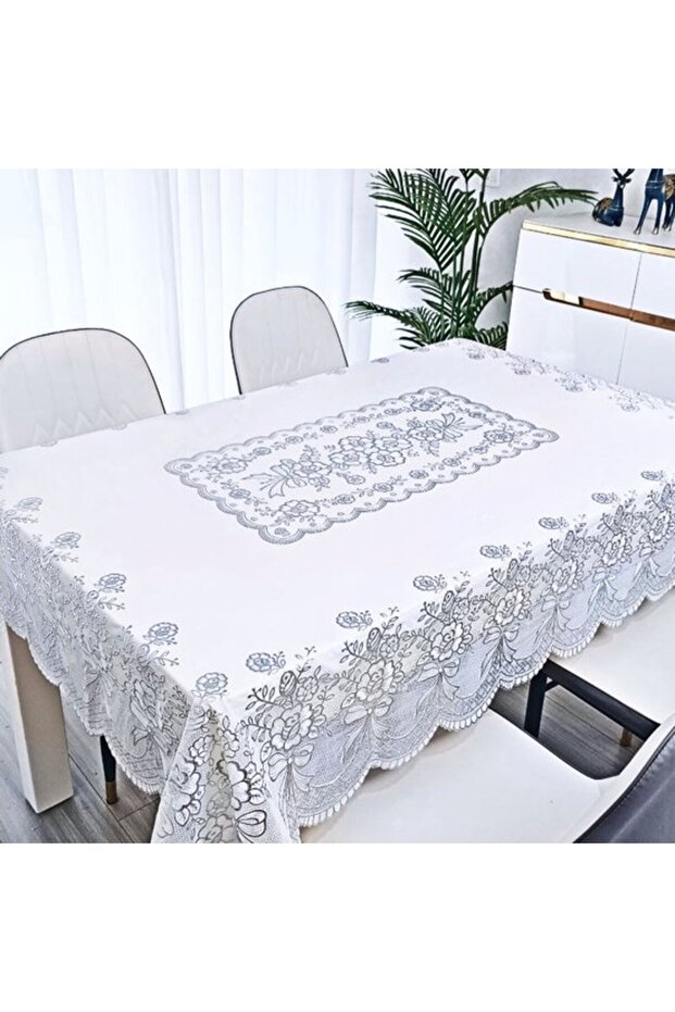 Silver foil floral print rectangular PVC tablecloth – waterproof, oil-proof, heat-resistant, and easy to clean; dining tables, co...