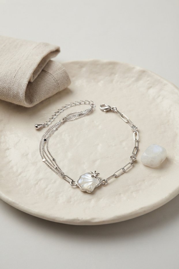 Silver Color Brass Paperclip and Chain Sea Shell Model Women's Bracelet - Ebj260808W46069