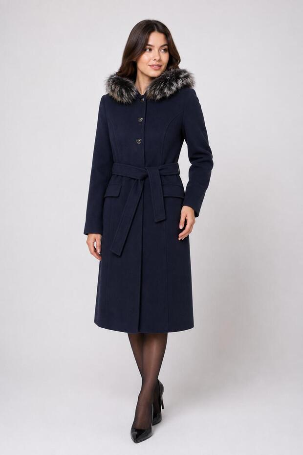 Women's Fur-Trimmed Buttoned Belted Cashmere Coat Navy Blue