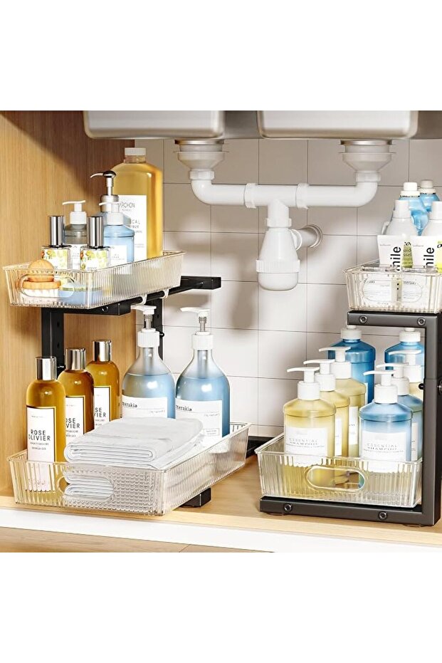2 Pack Under Sink Organizer, 2-Tier Pull Out Cabinet Organizer, Elegant Acrylic Under Sink Storage S
