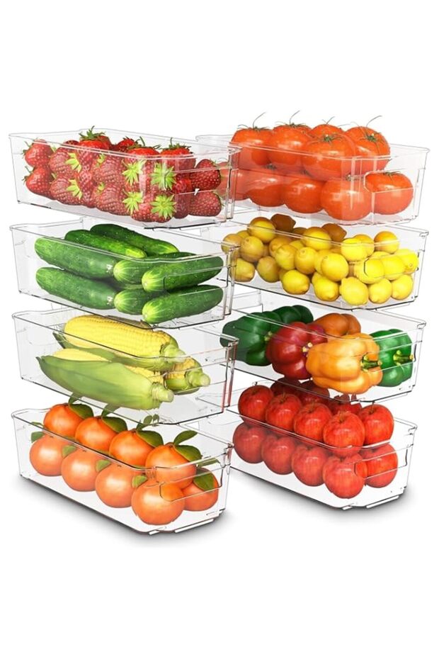 8PCS Clear Stackable Pantry Organizers and Storage Bins, Plastic Containers Boxes with Handle for Kitchen, Fridge, Shelves Cupboard, Fridge, Kitchen, BPA Free