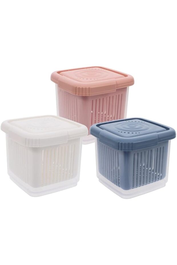 Fridge Fruit Storage Containers with Drain Baskets & Lids, 11×11×9.5cm Stackable Produce Keepers, Leak-Resistant Food Boxes for Berries Vegetables Salads, Microwave & Dishwasher Safe