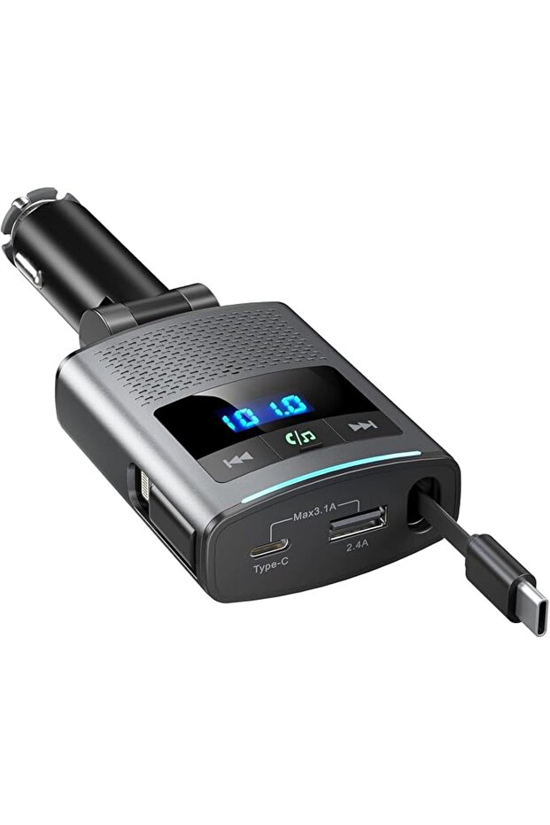 شاحن سيارة قابل للسحب بقوة 80.5 واط، محول سيارة بتقنية بلوتوث 5.3، 3 منافذ شحن سريع USB-C وUSB-A وLightning