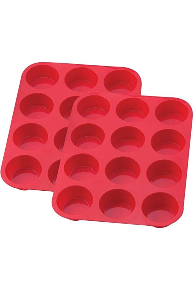 Silicone Non Stick 12 Cup Muffin Trays - Red, Pack of 2