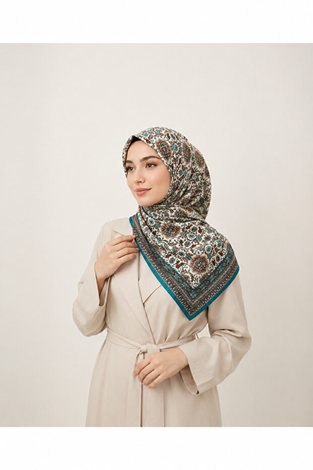 Patterned Square Scarf Turquoise – Ethnic Motif Hijab Headscarf