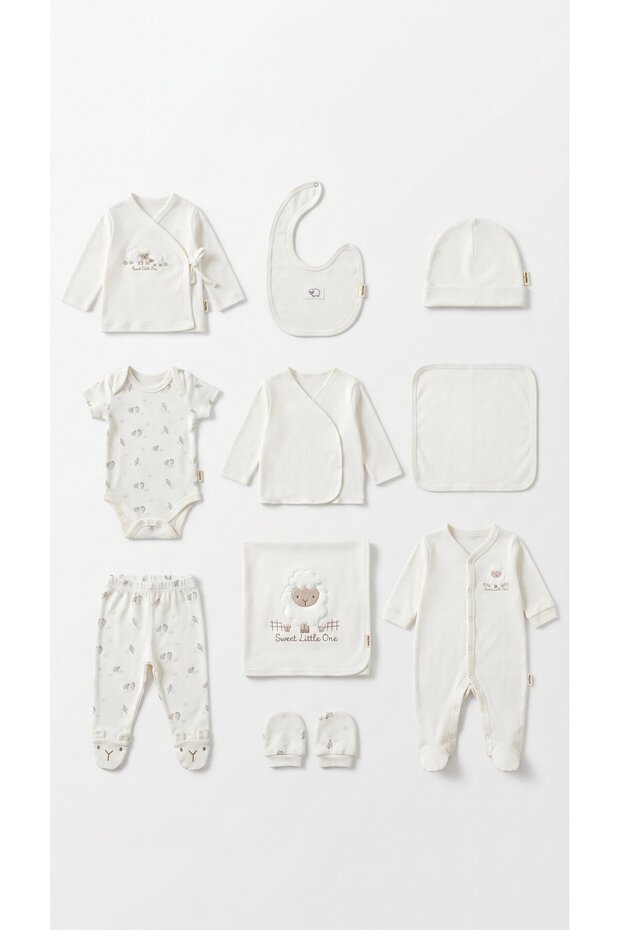 100% Organic Cotton 10-Piece Hospital Discharge Set Unisex Newborn Baby Set with Lamb Detail