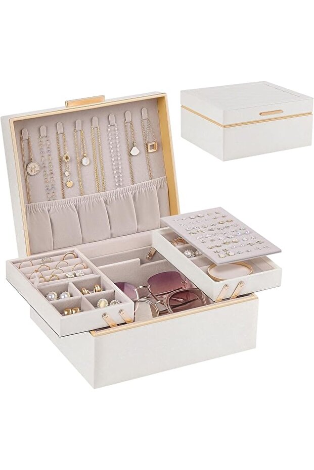 2-Layer Jewelry Organizer Box for Women, Large Cloud Design Faux Leather Case, Foldable Storage Space and