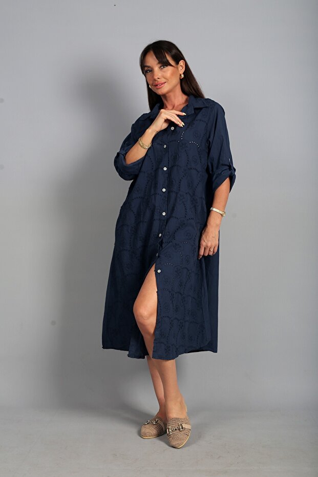 Women's Italian Cotton Pocket Embossed Floral Embroidery Oversize Long Dress