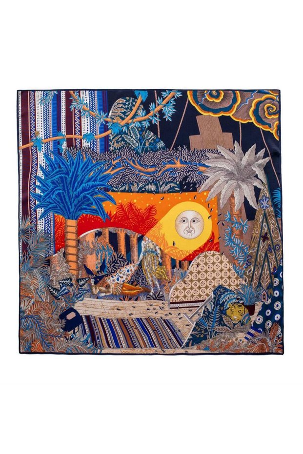 Women's 70X70 cm Navy Blue Orange Tropical Safari Patterned Satin Scarf