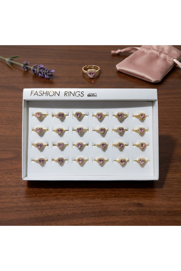Pink Ring with Zircon Stones 24 Pieces – Adjustable Ring | Lacquer Coating | Hajj Umrah Distribution