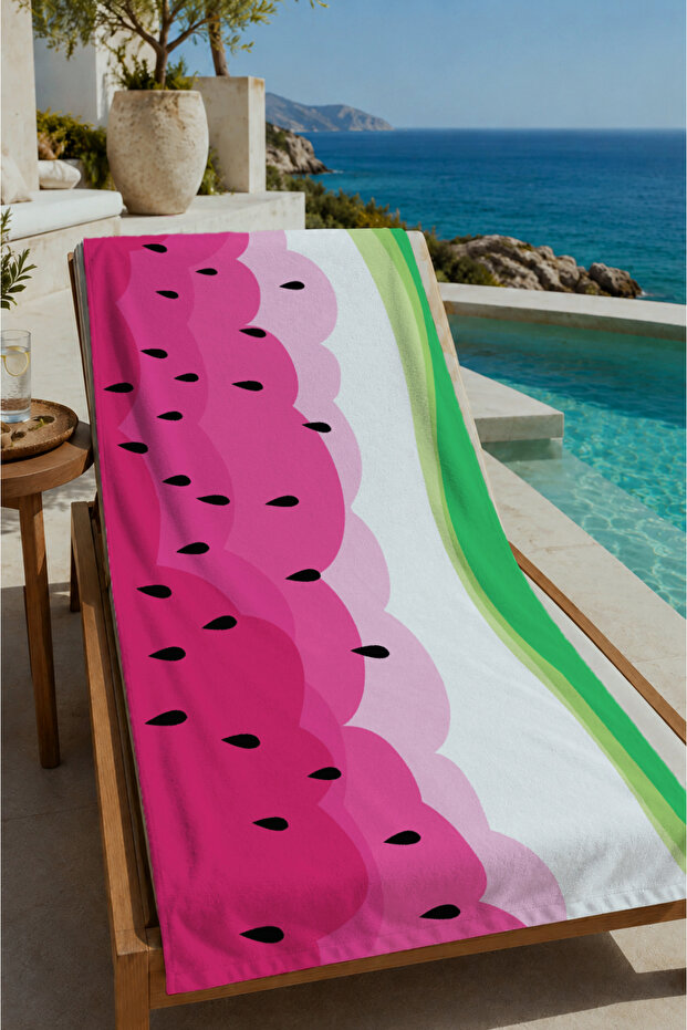 Pink Green Watermelon Slice Color Block Patterned 70X150 Beach Towel - Digital Printed Bath Towel