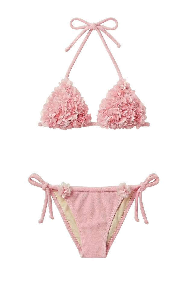 Blossom Floral Embroidered Terry Triangle Bikini Set Pink