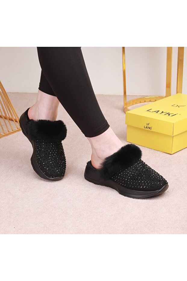 Luufi Black Stone Embroidered Soft Fur Detailed Women's Sabo Slippers