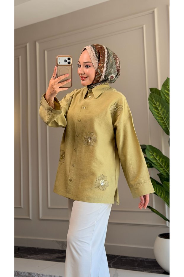 6598 - Stylish Comfortable Floral Embroidery Detailed Woven Soft Viva Fabric Women's Shirt