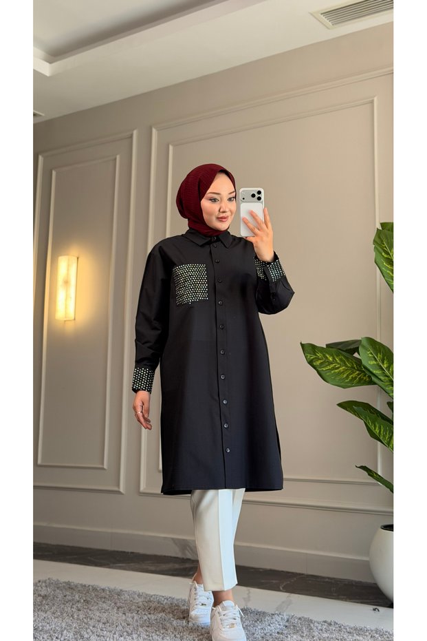 6594 - Stylish Comfortable Sleeve Cuff and Pocket Stone Detailed Woven Soft Fabric Women's Poplin Shirt-Tunic