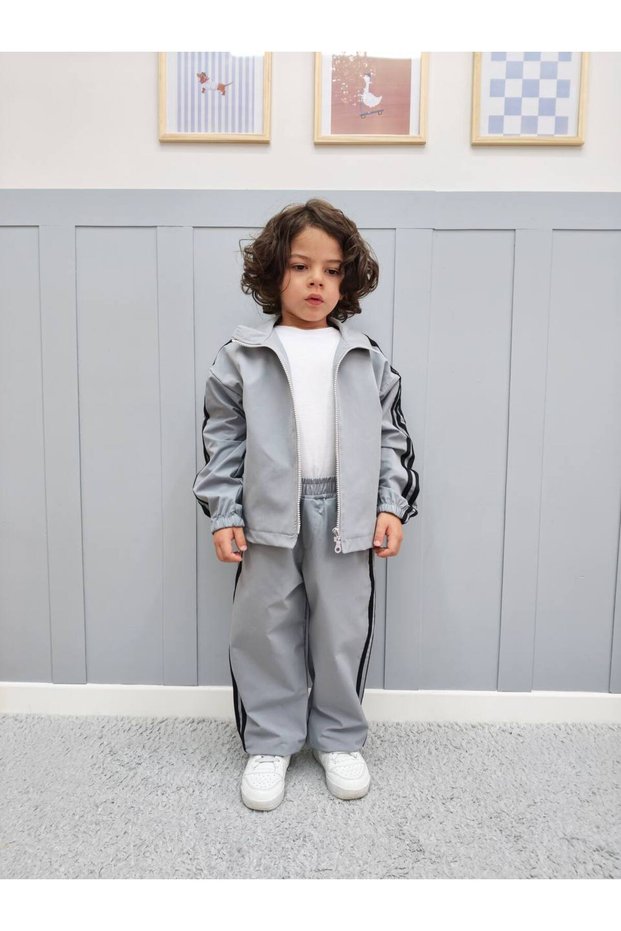 Children's 100% Cotton Compact Combed Parachute Fabric Zippered Tracksuit Set - Side Stripe Detail Bottom and Top Set