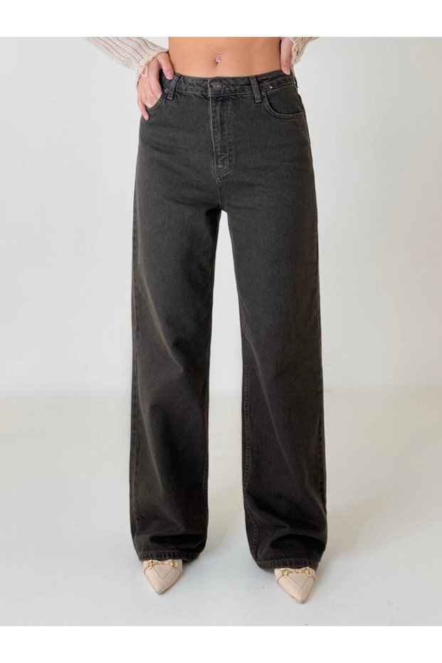 Women's Brown Wide Leg Regular Waist 5 Pocket Long Leg Denim Jean Trousers