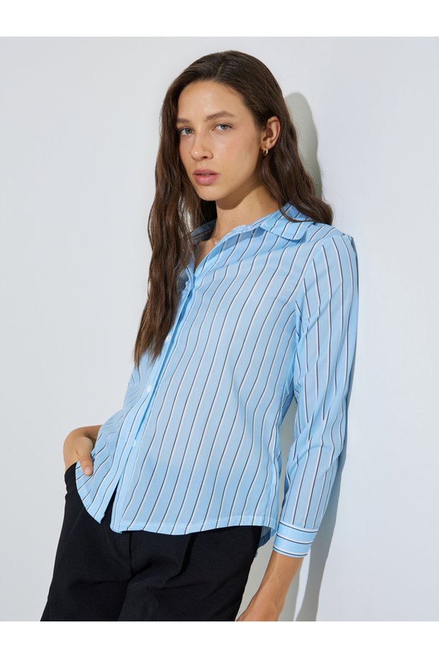 Blue Striped Long Sleeves Curved Hem Shirt