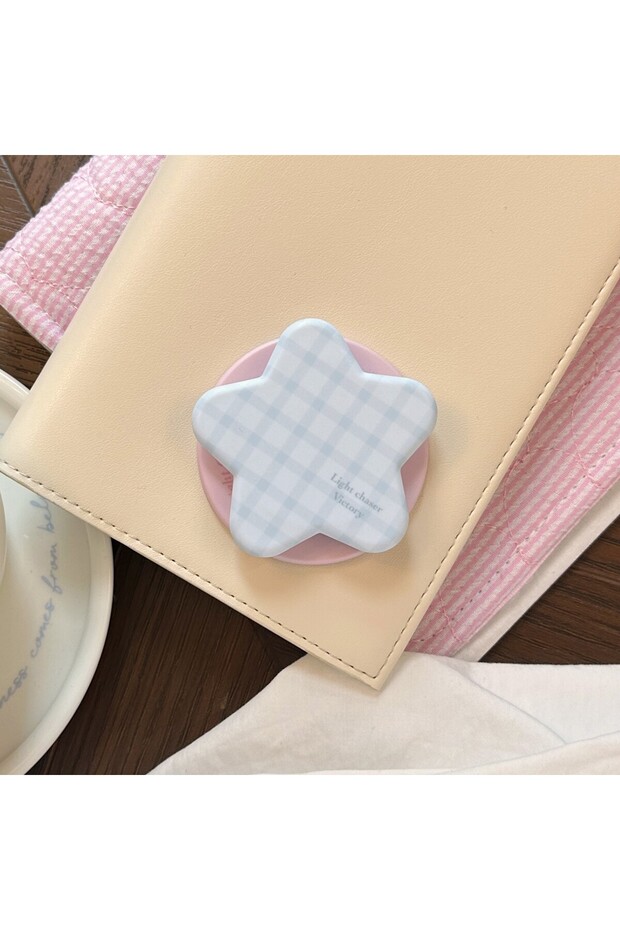 Blue Peach Grid Cute Star Grid Pattern Phone Holder Universal Anti‑Slip Phone Grip Stand Phone Back