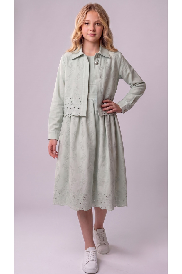 Girls' Midi Length Shirt Dress, Cotton Dress with Scallop Detail, Ages 7-14