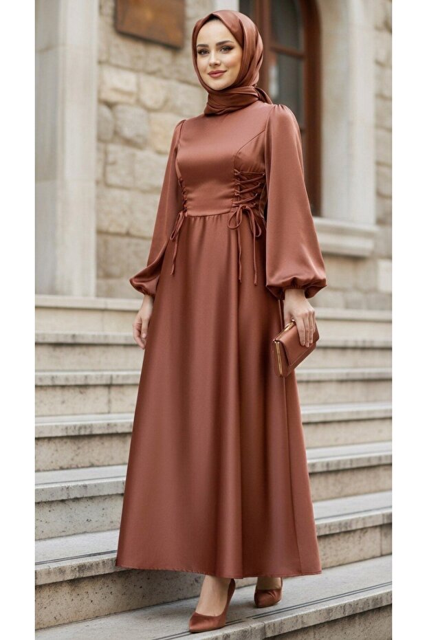 Balloon Sleeve Dark Salmon Satin Hijab Evening Dress 61501Ksmn