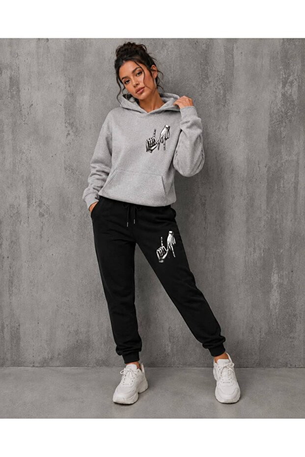 Hooded Tracksuit 2-Piece Combination Winter Sharped Finger Printed Women's / Unisex Model