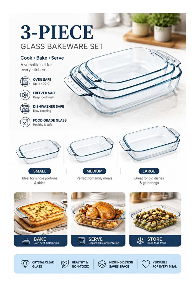 3-Piece Rectangular Glass Oven Baking Dish Set with Handles, Small 2.0L Medium 2.7L Large 3.8L, Glass Bakeware for Lasagna, Casserole & Cooking