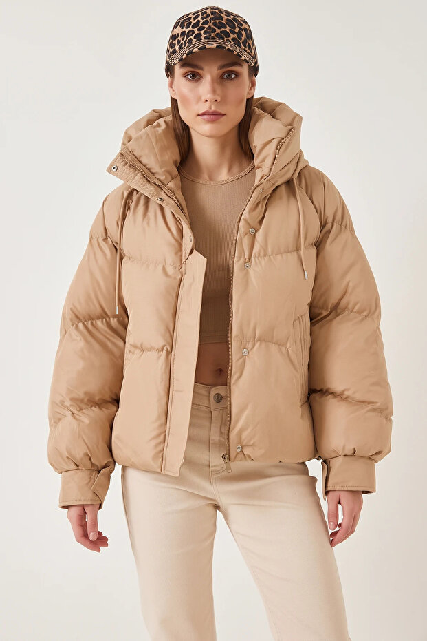 Women's Hooded Inflatable Beige Coat