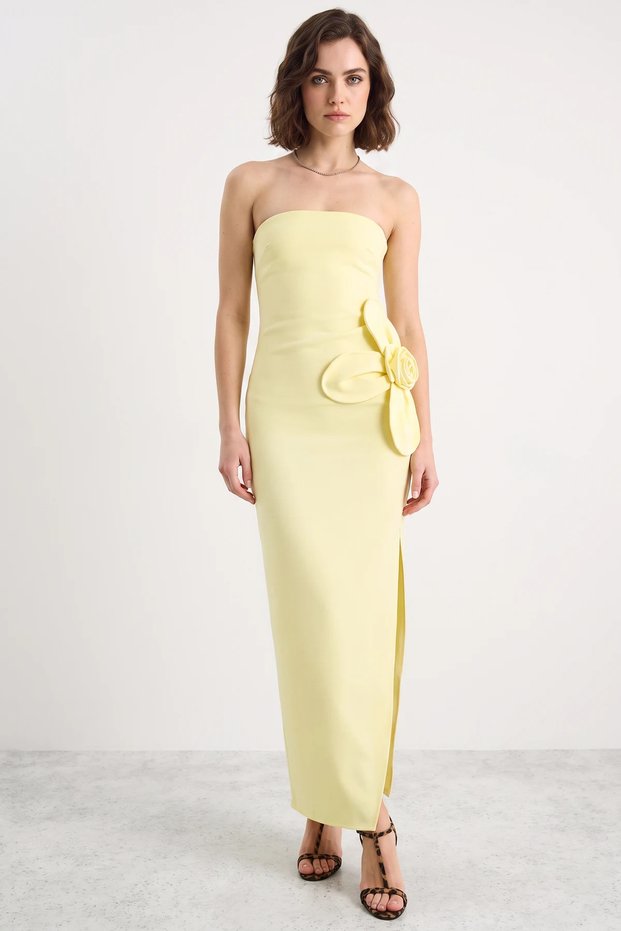 Women's Strapless Maxi Yellow Dress with Floral Accessories and Slit Detail
