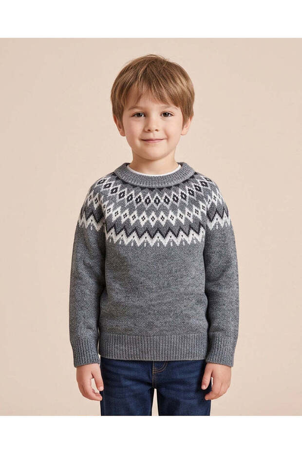 Boys Charcoal Fair Isle Knit Crew Neck Pullover