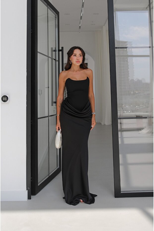 Black Vesper Drape Detailed Strapless Dress