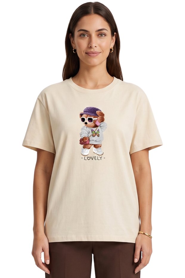 Women's Beige Lovely Teddy Bear Printed T-Shirt 100% Cotton Comfortable Fit