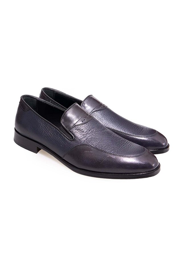 Dark Blue Color Laceless Genuine Leather Men's Shoes