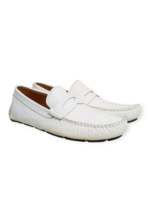 White Color Laceless Genuine Leather Men's Shoes
