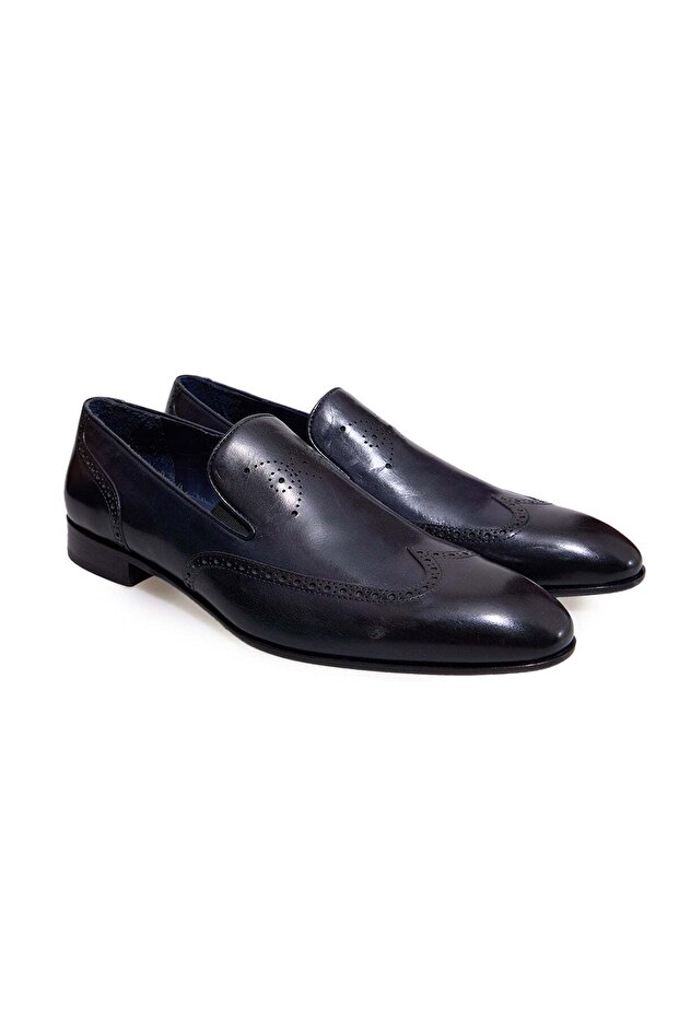 Dark Blue Color Laceless Genuine Leather Men's Shoes