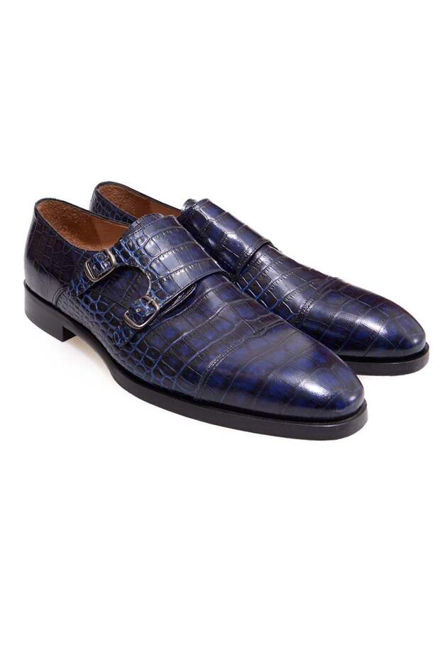 Dark Blue Color Laceless Genuine Leather Men's Shoes
