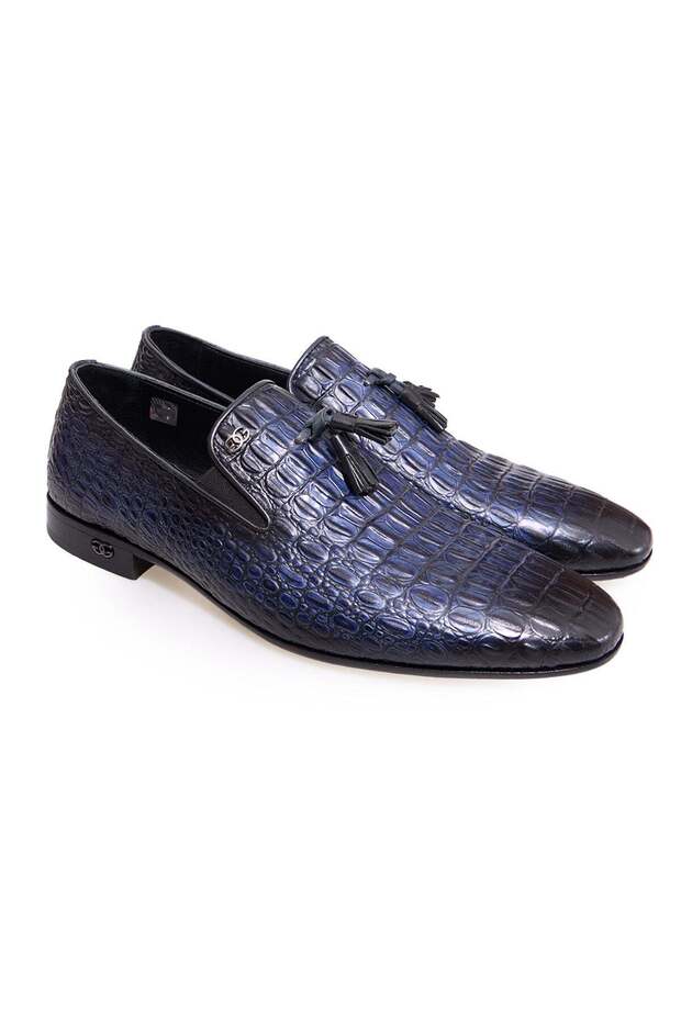Dark Blue Color Laceless Genuine Leather Leather Sole Men's Shoes