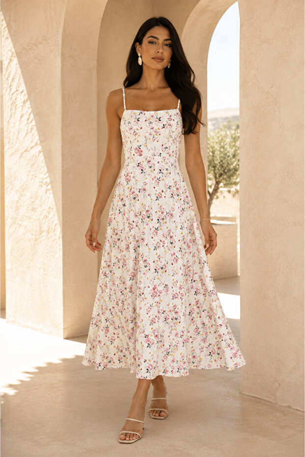 Women's Thin Strap Floral Patterned Midi Dress - Off White