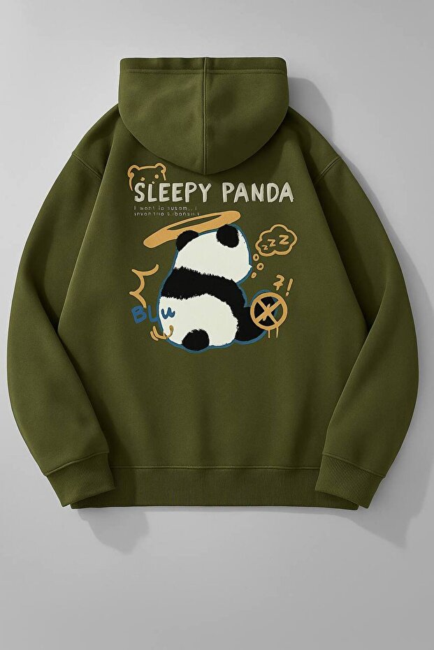 Unisex Oversize 3 Thread Yarn Kangaroo Pocket "Cute Panda" Printed Hooded Sweatshirt