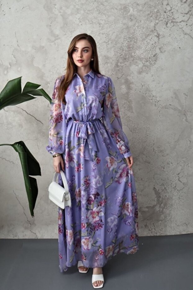 Lilac Floral Patterned Chiffon Dress