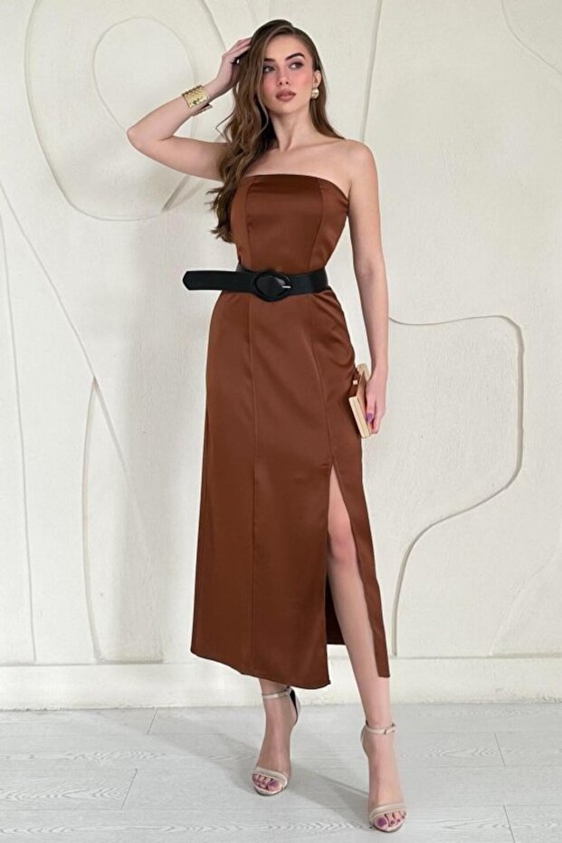 Tan Strapless Satin Dress