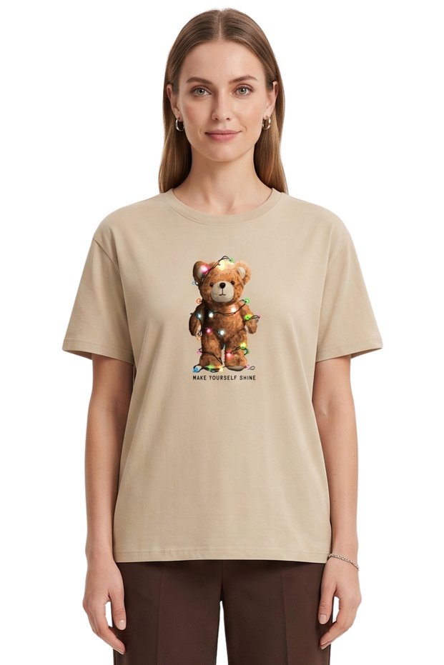 Women's Stone Lighted Teddy Bear Printed T-Shirt 100% Cotton Comfortable Fit